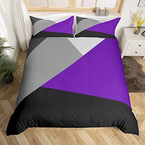 Homewish Geometric Single Duvet Cover Set with 1 Pillowcase - Single Size, 100% Soft & Breathable Polyester, Zip Closure - Grey and Purple Bedding - Modern Simple Pattern with Black Reverse