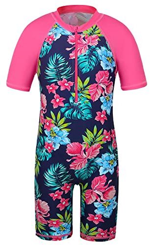 HUAANIUE Filles Maillot de Bain 1 Pièce 2-12 Ans, Anti-UV UPF 50+ Manches Courtes, Fermeture Éclair Frontale, Imprimés Colorés, Idéal pour Plage et Piscine (S253-Fleur Bleu Marine, 6-8 Ans)