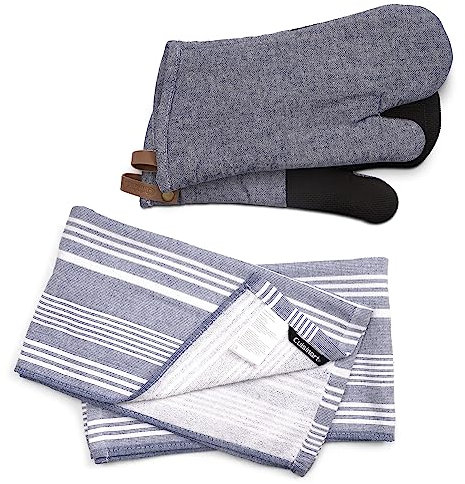 Cuisinart Oven Gloves & Tea Towel Set with Blue Herringbone Neoprene Oven Gloves Set of 2 & Fouta Striped Blue & White Tea Towels for Kitchen Set of 2, 40x70cm