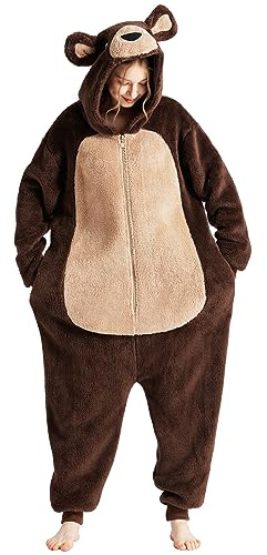 Loiahoer Unisexe Costume d'ours Onesie Pyjama Costume Déguisement Peluche Ours Combinaison Pyjama,Animaux Carnaval Cosplay Costume de Halloween pour Femmes Hommes