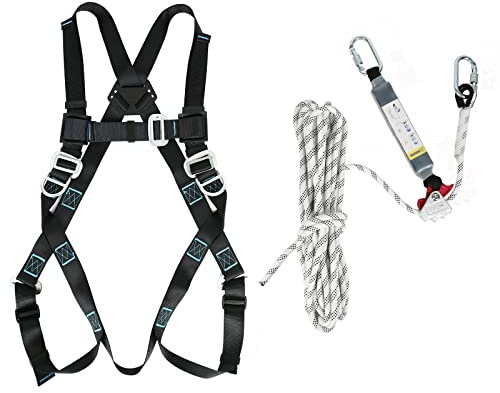 Fallschutz-Auffanggurt Set mit Gurt EN361,Rucksack, 1-Punkt-Auffanggeschirr zur Absturzsicherung mit Auffanggerät Bandfalldämpfer, bis 100 kg, 10m Klettergurt, Höhensicherungsgerät