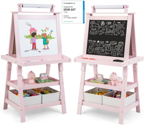 COSTWAY 3 en 1 Tableau Enfants Double Face avec Rouleau de Papier, Chevalet Enfants avec 2 Etagères et 2 Boîtes de Rangement, Structure Triangulaire, Jouet de Dessin pour Enfants de 3 Ans+