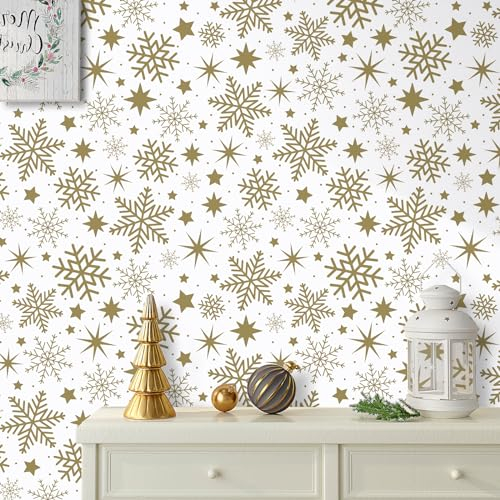 VaryPaper Selbstklebende Tapete Muster Gold Schneeflocken 44.5cmx200cm Klebefolie Weiß Matt Selbstklebende folie für Möbel Möbelfolie Kinder Selbstklebend Fototapete Schlafzimmer Wohnzimmer Schrank