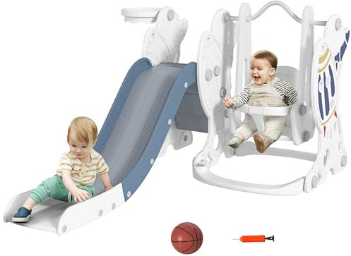 AIYAPLAY Juego de Tobogán y Columpio para Niños 3 en 1 Columpio para Niños de 18-48 Meses Tobogán para Bebés con Aro de Baloncesto Carga 30 kg 150x185x92 cm Blanco y Azul