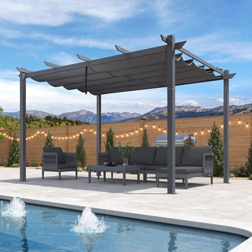 PURPLE LEAF 3 X 4 M Metal Pergola with Retractable Roof, Charcoal Grey Frame, Large Garden Pergola for BBQ, Outdoor and Patio, Grey