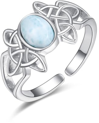 KINGWHYTE Keltischer Ring für Frauen 925 Sterling Silber Larimar Natürliche Edelsteine Offener Ring Blauer Stein Schmuck Geschenk für Frauen Mädchen Mama