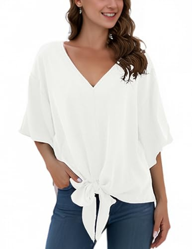 Anelune Ladies' Chiffon Blouses Short Sleeves Summer Tops | V-Neck, Tie Front, Batwing Sleeves, Loose Casual, for Women UK, T-Shirts