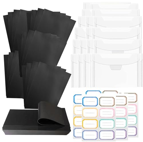 Tiuxiu 20 Stück Gummi-Magnetbögen 20 Stück Umschläge für die Aufbewahrung von Stanzformen transparente Kunststofftaschen und zuschneidbare Gummi-Magnetblätter 48 Etiketten Aufkleber