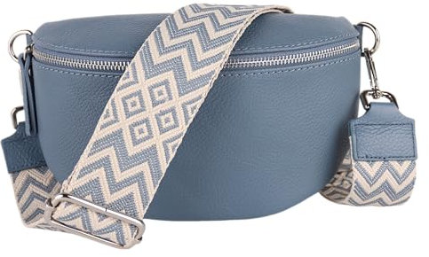 MIRROSI® Bauchtasche Damen, Echtleder, Made in Italy, Umhängetasche, Brusttasche, Crossbody Bag (1 Tasche & 2 Gurte) (Jeansblau (KARO Jeansblau), Große Tasche (28x18x9cm))