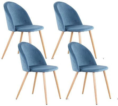 TTATC Lot de 4 Chaises de Salle à Manger Rembourrées avec Revêtement en Velours, Chaises de Cuisine au Design Moderne avec Pieds en Métal Réglables de Style Bois, Bleu