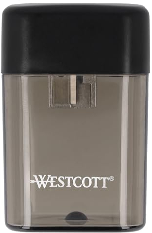 Westcott Anspitzer mit Behälter | Spitzer mit Dose für 8mm Bleistifte | Dosenspitzer mit Metalleinsatz und extrascharfer Edelstahlklinge | Bleistiftspitzer mit Auffangbehälter in Schwarz | E-744737 00