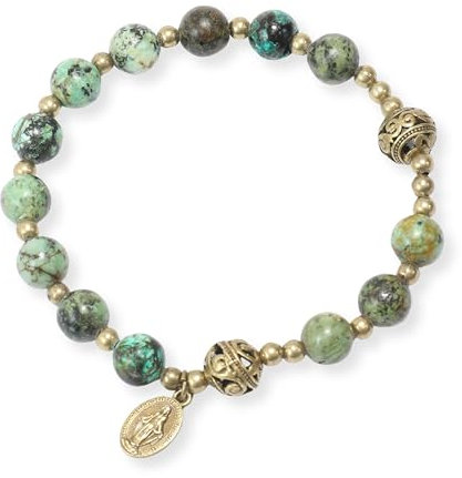 Nazareth Store Bracelet chapelet en perles de pierre de avec séparateurs en métal et médaille catholique - Bijou de poignet durable et élégant (Jaspe d'Afrique - Miraculeux)