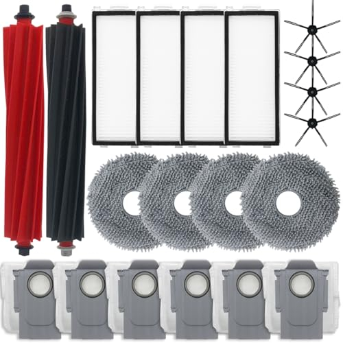 HomeTimes Ersatzteile für Roborock Qrevo Master Qrevo Slim Saugroboter Zubehör mit 2 Gummibürsten 4 HEPA-Filter 4 Seitenbürsten 4 Staubbeutel 6 Mop-Pads 20tlg.