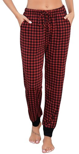 Vlazom Pantalon de Pyjama Femme Longs Pyjama Femme Pantalon à Carreaux Doux Bas de Pyjama avec Poches,B Rouge/Noir,S
