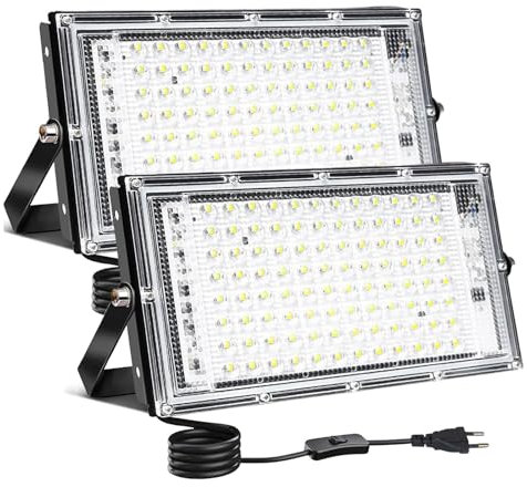 CREATESTAR LED Strahler Außen 100W, 2 Stück Baustrahler Außenstrahler Kaltweiß Scheinwerfer IP65 Wasserdicht, LED Fluter für Sportplatz, Lager, Garten, Hof, Garage, Parkplatz