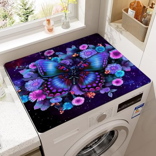 Washer Dryer Top Protector Mat,Refrigerator Microwaves Oven Top Covers,Protective Silicone Rubber Mat,Non Slip Quick Drying Washing Machine Cover for Laundry Room (Purple Butterfly,15.8x19.7inch)