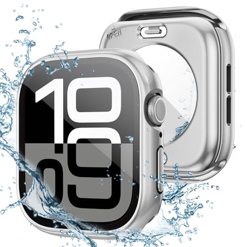 Kamita Wasserdicht Displayschutz Hülle Kompatibel mit Apple Watch Serie 11/Serie 10 46mm, PC Bumper Case mit Hartglas Displayschutzfolie, Voller Körper Schutzhülle für iWatch11/iWatch10 46 (Silber)