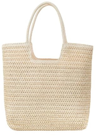 Long Keeper Sac Paille Femme - Grand Sac Fourre Tout Tressé Boho Tote Bag Sac Cabas de Plage en Paille Sacs à Main Bandouliere Ete pour Voyage Date Vacances (Beige)