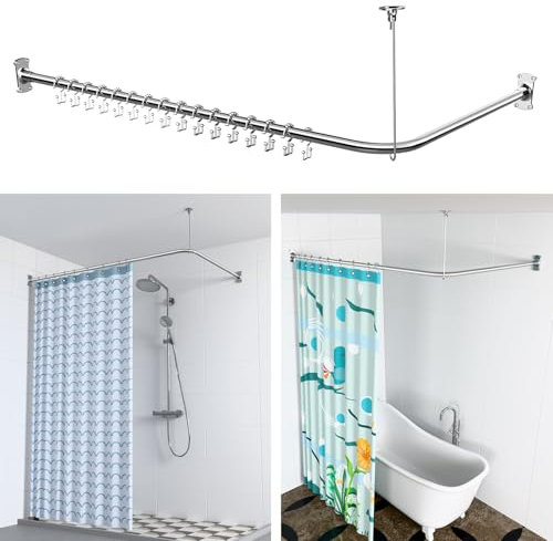 OTOmitra Tringle à rideau de douche en forme de L - 100-120 x 100-190 cm - Angle réglable - En acier inoxydable SUS304 - Avec 16 anneaux pour baignoire/salle de bain