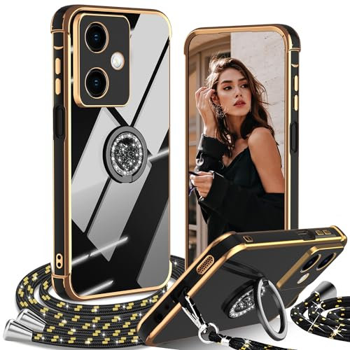 IBETEK Hülle für Xiaomi Redmi Note 14 5G mit Band, HandyHüllekette Herz Ring Ständer HandyHülle mit Kordel für Frauen Mädchen Stoßfeste Anti-Kratzt SchutzHülle mit Schnur Case, Schwarz