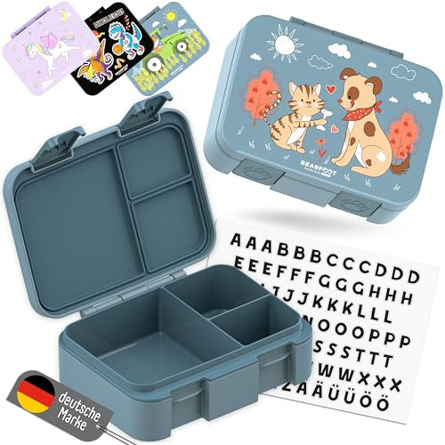 BEARFOOT Bento Box COMPACT | BPA-freie Kinder Brotdose für Schule & Kindergarten | Auslaufsichere Lunchbox für Mädchen & Jungen | Praktisch, leicht & kompakt (Hund&Katze-blau, 650ml)