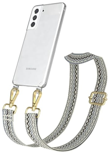 EAZY CASE Handykette - Verstellbares Taschenband kompatibel mit Galaxy S21 FE 5G, Schulterriemen, Handykordel mit Silikon Hülle, Umhängetasche, Beige Blau Gold