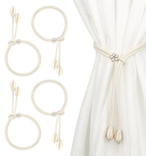 4 Piezas Alzapaños Cortinas, Recoge Cortinas y Sujeta Cortinas de Cordón de Algodón Tejido a Mano, Clips Decorativos para Interior y Exterior, para Casa, Oficina y Hotel (Beige)