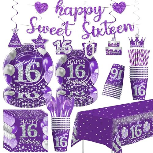 Owelleny Sweet 16 Birthday Decorations Girls, Purple 16th Birthday Party Supplies, Paper Plates and Napkins Set, Cups, Tablecloth, Banner, Swirls, Happy Sweet Sixteen Table Decorations, Serves 24