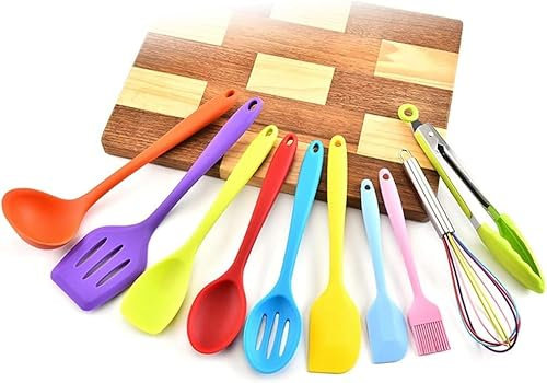 VDLLQYN, Utensilios de Cocina Coloridos del Arco Iris, Juego de Utensilios de Cocina de 10 Piezas, Silicona Antiadherente Resistente al Calor, Utensilios de Cocina con Mango de Acero Inoxidable Co,CU