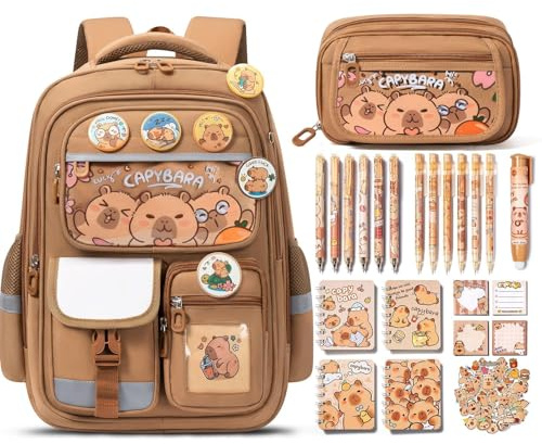 Fimibuke Capybara Backpack for School Girls, 28PCS Capybara Toddler School Supplies Stationery Set with Bookbag Pencil Case Pens Pencils Notebook Easter Gifts for Kindergarten Elementary Student