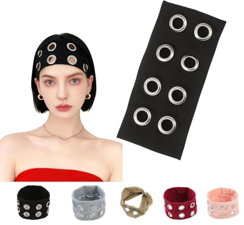 HORNEDI Grommet Headband for Women,Hollow Eyelet Elastic Headband,Wide Black Hollow Out Elastic Hair Band,Eyelets Stretchy Casual Hair Accessory(Black, Adjustable)