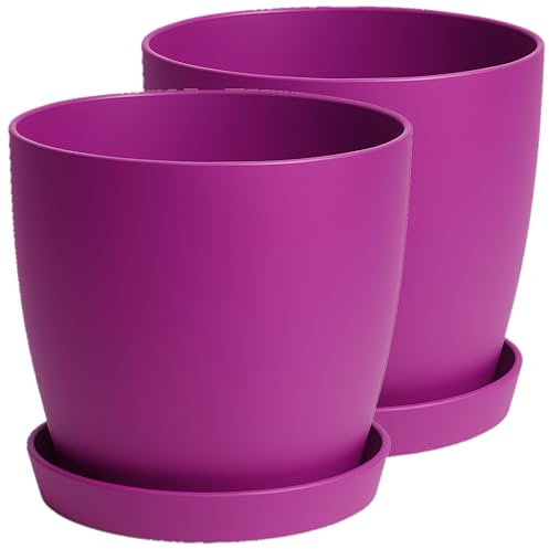 Home Garden Ornaments Plant Pots Indoor, Set of 2 with Saucers,6 Pastel Colours, Indoor Plant Pot, 8 Sizes (Purple, 14cm / 5.5 inch)