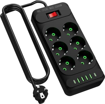 12-in-1 Steckdosenleiste 6 EU-Steckdosen und 6 USB-Ports 10A 2500W | mit 2m Kabel & Schalter 4 USB-A & 2 USB-C 5V-2.1A, 10A 2500W–Perfekt für Küche, Bad & Wohnheim