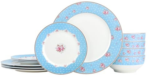 fanquare Juego de vajilla floral azul de 12 piezas, juego de cuencos vintage de lunares, vajilla de cerámica para fiestas en casa, microondas y lavavajillas