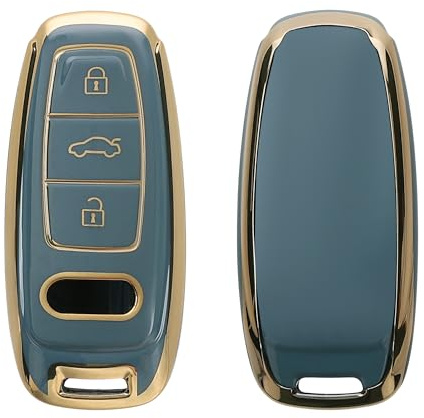 kwmobile Autoschlüssel Hülle kompatibel mit Audi A6 A7 A8 Q7 Q8 E-Tron 3-Tasten Autoschlüssel Keyless - Schlüsselhülle Silikon Cover - Blau Gold