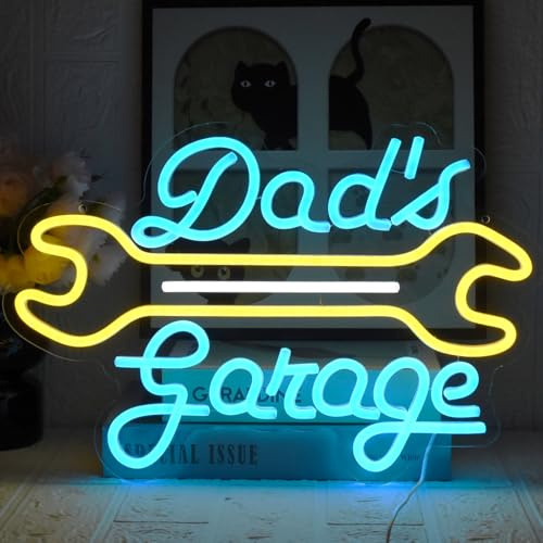 UExnkj-Y Dad's Garage Neon Sign Wrench Neon Sign Garage Neon Signs Dimmable Neon Lights for Man Cave Car Room Garages Repair Workshop Gifts for Father Husband Friends