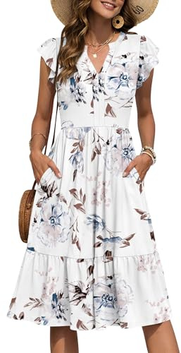 PLMOKEN Summer Dresses for Women UK Floral Sundress Short Sleeve V Neck Knee Length Loose Ruffle Beach Dresses with Pockets