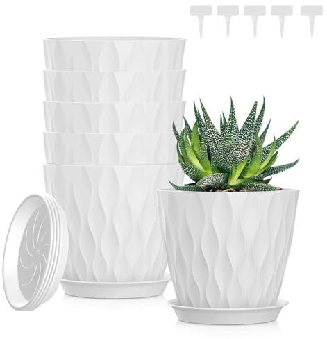 Bailtouk 5 Piezas Macetero con Plato, 12.6CM Maceta Redonda de Plástico | Macetas con Platillo de Agujeros de Drenaje Maceteros Decorativos Interior para Balcón, Interior, Jardín (Blanco, 5IN)
