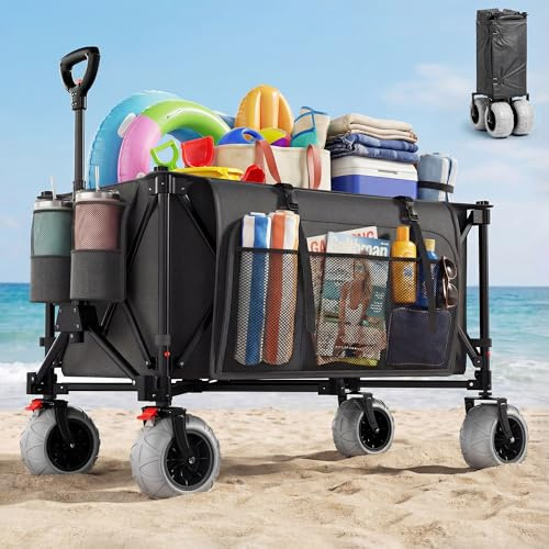 Devoko Carrello da Spiaggia Pieghevole 200L 150KG, Carrello Spiaggia per Tutti i Terreni con Ruote PU Extra Larghe 21.5x10cm, Carretto Pieghevole Maniglia Regolabile 90° per Spiaggia, Campeggio,Grigio