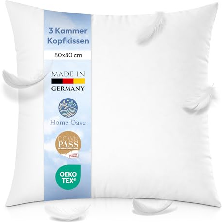 Home Oase 3-Kammer Daunenkissen 80x80 cm - Daunen & Federn Kopfkissen - Made in Germany, ÖKO-TEX, Daunasan Siegel, waschbar bis 60°C - Hotelqualität