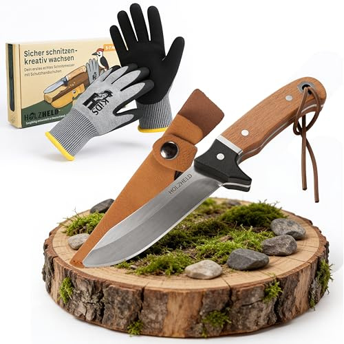 HOLZHELD - Schnitzmesser Kinder mit Gürteltasche & schnittfeste Handschuhe | sicheres Taschenmesser - Schnitzset - Schnitzen Kinder - Kindermesser ab 5, 6, 7, 8, 9, 10 Jahre - Größe 6