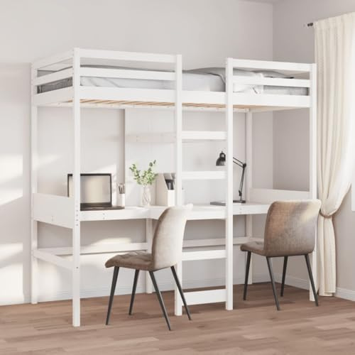 sephironlbb Cabin Bed without Mattress, White, 90 x 190 cm, Solid Pine Children's Bed with Desk, Storage Space, Ladder and Fall Protection for Children's Room