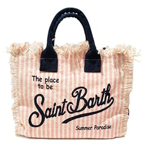 Saint Barth MC2 Borsa Colette in Canvas a Righe Panna e Rosa con Logo Blu Dimensioni: 30 x 22 x 15 cm