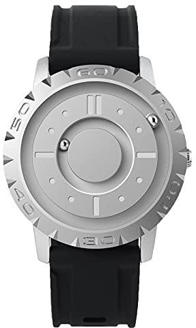 EUTOUR Montre Homme Magnétique Pas de Verre Roulement à Billes Quartz Montres Bracelet pour Homme avec Bracelet en Silicone Argent