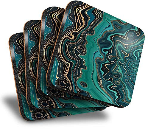 Destination Vinyl ltd Lot de 4 grands Sous Verre Sous Assiette de Table carrés – Encre effet marbre bleu sarcelle turquoise brillant pour tout type de table #21845