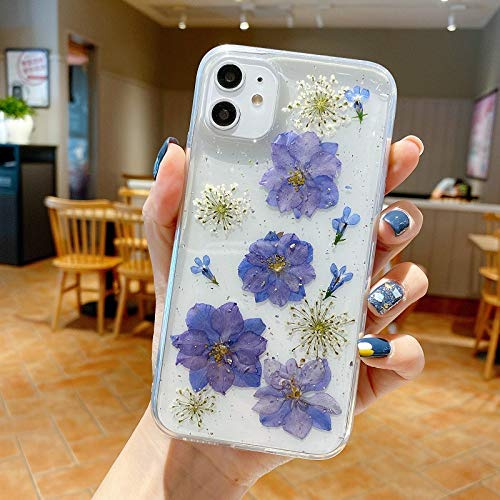 Emlivi iPhone 8 Plus Hülle, iPhone 7 Plus Schutzhülle Handgefertigten echte Blume Silikon Transparent kristall Handyhülle Fallschutz Hülle, für Apple iPhone 8 Plus(5,5'') Case Cover, Vier lila Blüten