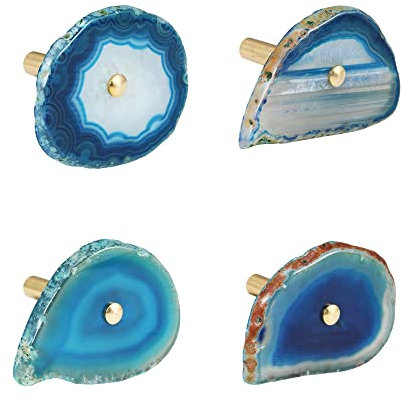 4 Pcs Unique Agate Blue Coat Hooks - Wall Mounted Decorative Hooks with Brass Finish - Holds Hats, Bags, Curtains
