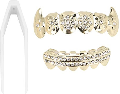 Zwinner Grills - Electroplate Hip Hop False Teeth Set, Top and Bottom Vampire Fangs Reusable Unfading Halloween Festival Teeth Decoration Brace for Women, Men, Kids (Gold)