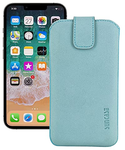 Suncase ECHT Leder Tasche kompatibel mit iPhone 13 PRO (6,1 Zoll) mit ZUSÄTZLICHER Transparent Hülle | Schale | Silikon Bumper Handytasche (mit Rückzugsfunktion und Magnetverschluss) in antik türkis