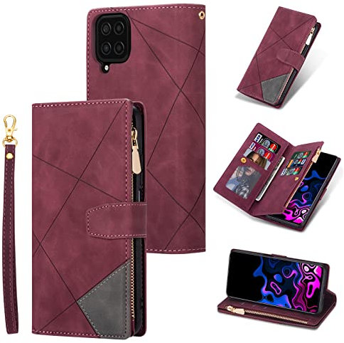 UEEBAI Hülle für Samsung Galaxy A22 5G, Retro Reißverschluss Handyhülle Leder Handytasche TPU Bumper mit 9 Kartenfächer Standfunktion Geldbörse Trageband Schutzhülle Flip Wallet Case - Rot